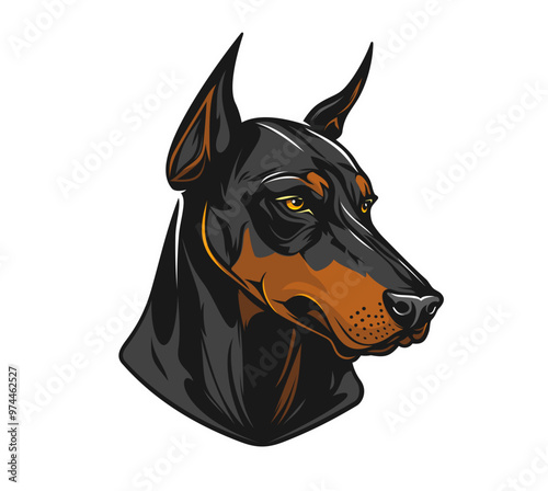 Ai generated doberman dog mascot, generative ai canine character. Isolated animal head showcasing sharp features and a vigilant expression. Fierce symbol for sports team, club emblem or print