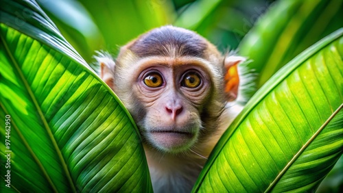 A curious monkey with bright inquisitive eyes and furrowed eyebrows peeking out from behind a lush green leaf in a vibrant jungle atmosphere. photo