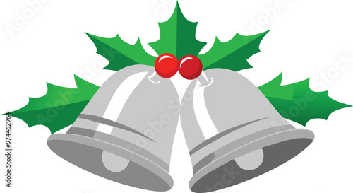 Silver bells are creatively depicted with vibrant holly leaves and bright red berries, adding a festive touch to holiday themes.