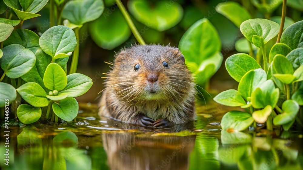 A curious water vole peeking out from behind a bed of lush green aquatic plants, its fur glistening with dew, near a serene riverbank setting. A curious water vole peeking out from behind a bed of lush green aquatic plants, its fur glistening with dew, near a serene riverbank setting.
