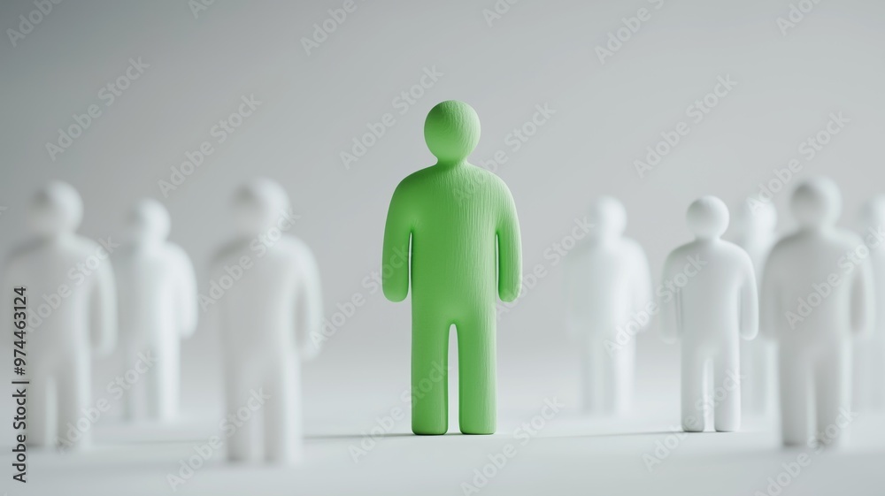 Individual Green figure stands out among white figures, symbolizing unique characteristics, qualities, advantageous or negative difference, chosen perfect candidate, white background. Individual Green figure stands out among white figures, symbolizing unique characteristics, qualities, advantageous or negative difference, chosen perfect candidate, white background.