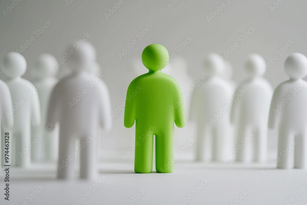 Individual Green figure stands out among white figures, symbolizing unique characteristics, qualities, advantageous or negative difference, chosen perfect candidate, white background. Individual Green figure stands out among white figures, symbolizing unique characteristics, qualities, advantageous or negative difference, chosen perfect candidate, white background.