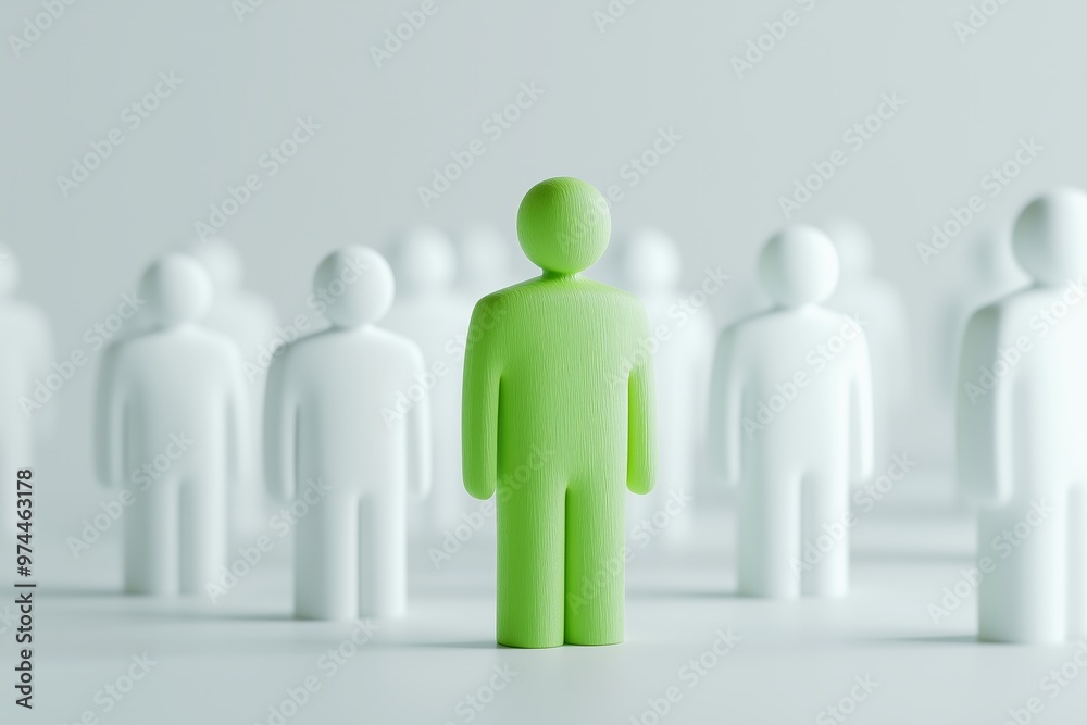 Individual Green figure stands out among white figures, symbolizing unique characteristics, qualities, advantageous or negative difference, chosen perfect candidate, white background. Individual Green figure stands out among white figures, symbolizing unique characteristics, qualities, advantageous or negative difference, chosen perfect candidate, white background.