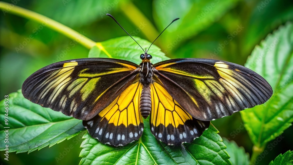 A delicate black and yellow butterfly perches on a soft green leaf, its intricate wings spread wide, showcasing its striking coloration and gentle beauty. A delicate black and yellow butterfly perches on a soft green leaf, its intricate wings spread wide, showcasing its striking coloration and gentle beauty.