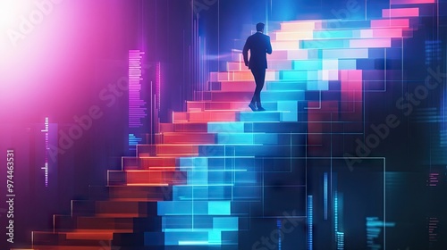 A dynamic illustration of a businessman climbing a staircase made of glowing bar graphs, representing success and growth.