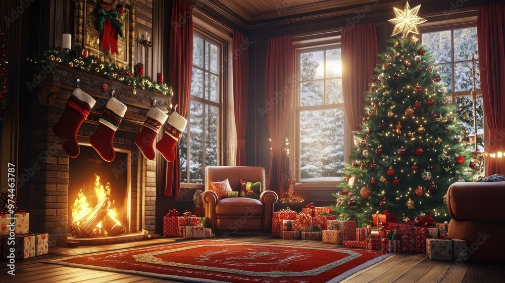 Obraz premium Cozy Christmas Living Room with Fireplace and Decorated Tree