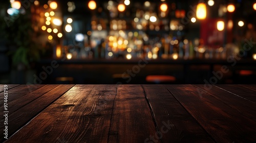 Wooden Tabletop with Blurry Bar Background