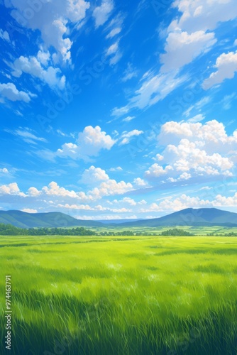 A beautiful grassland background with a blue sky and white clouds, green meadows, and distant hills. 