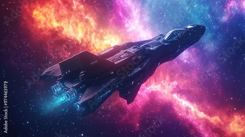 Spaceship soaring through vibrant cosmic nebulae