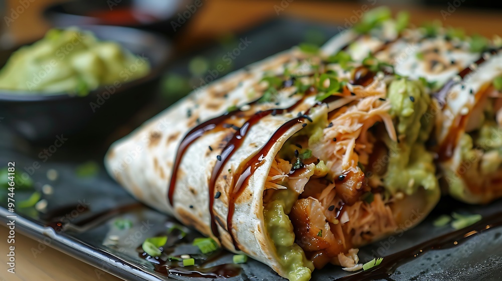 Salmon and pork belly tortilla wrap served on guacamole with teriyaki glaze Salmon and pork belly tortilla wrap served on guacamole with teriyaki glaze