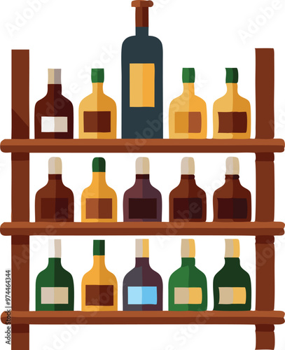 A wooden shelf holds an array of liquor bottles, showcasing a variety of shapes and colors in a neat arrangement.