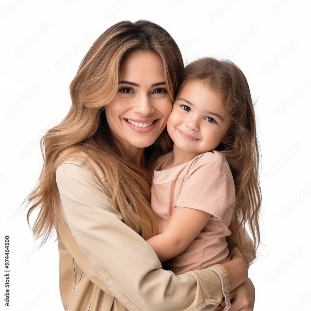 Happy mother and child in casual clothes standing on a white background. Smiling mother hugging her daughter. Closeup studio portrait of caucasian mom and her child smiling with shiny white teeth. Happy mother and child in casual clothes standing on a white background. Smiling mother hugging her daughter. Closeup studio portrait of caucasian mom and her child smiling with shiny white teeth.