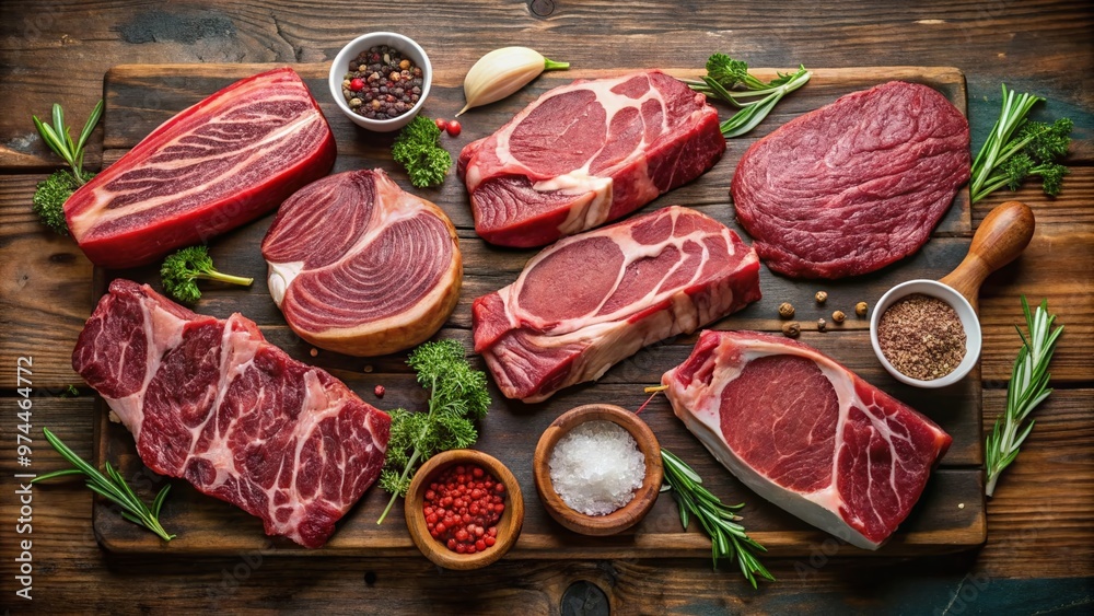A detailed illustration of various beef cuts, including ribeye, sirloin, and tenderloin, displayed on a butcher's table with corresponding labels and diagrammatic guidelines. A detailed illustration of various beef cuts, including ribeye, sirloin, and tenderloin, displayed on a butcher's table with corresponding labels and diagrammatic guidelines.