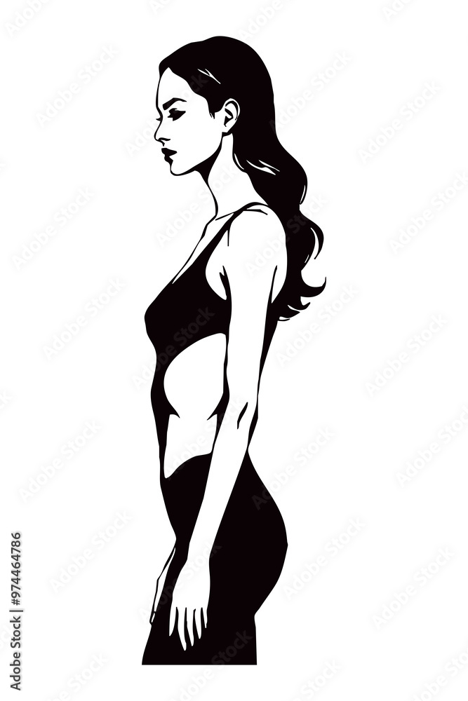 Fictional female character. Black and white line art. Logo design for use in graphics. T-shirt print, tattoo design. Fictional female character. Black and white line art. Logo design for use in graphics. T-shirt print, tattoo design.