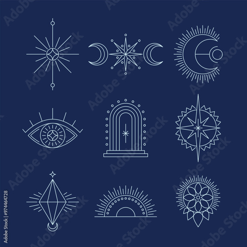 Celestial symbols, Thin line spiritual illustration. Set of Magic occult emblems