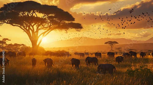 Sunset Over African Savanna with Zebras and Birds