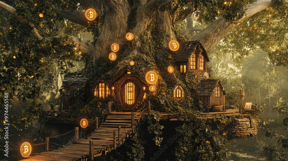 Obraz premium A fairy house inside a grand white oak tree, with bitcoins scattered across wooden bridges and symbols of economic prosperity intertwined with nature.