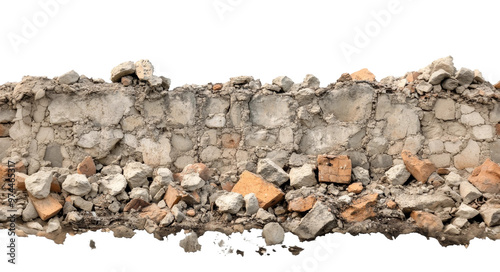 Crumbled concrete wall section scattered on a transparent background showcasing weathered stones and bricks in various sizes