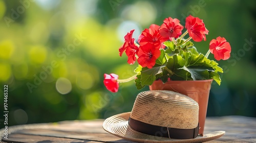 seasonal summer garden work concept geranium flower in pot hat and toold on wooden table outdoor photo