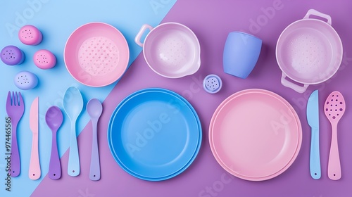 Set of kids dishes children toys and kitchen game kitchen utensils on pink and purple background