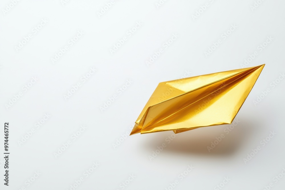 A golden paper airplane, symbol of success and premium ideas, luxury concept, isolated on white background A golden paper airplane, symbol of success and premium ideas, luxury concept, isolated on white background