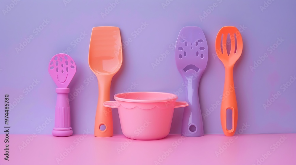 set of kitchen utensil toy on pink and purple background set of kitchen utensil toy on pink and purple background