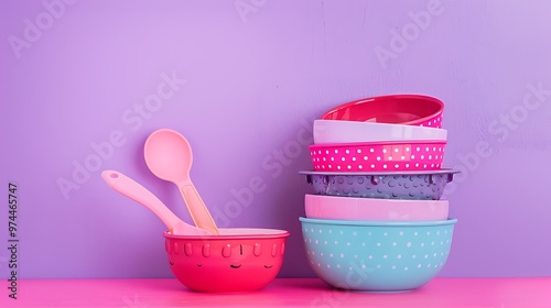 Set of kids dishes children toys and kitchen game kitchen utensils on pink and purple background