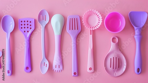 set of kitchen utensil toy on pink and purple background