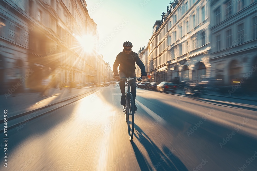 custom made wallpaper toronto digitalCyclist riding through the city streets in motion blur during a bright sunrise, symbolizing speed and urban commuting