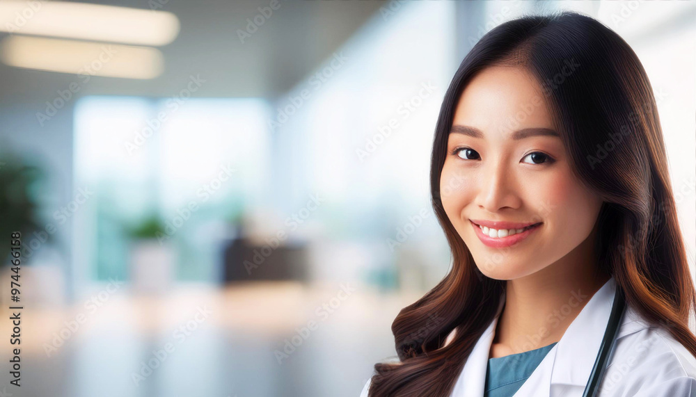portrait of a female doctor, Smiling Asian female doctor or nurse in medical scrubs, with a stethoscope around her neck. This image represents healthcare professionals, healthcare, medical