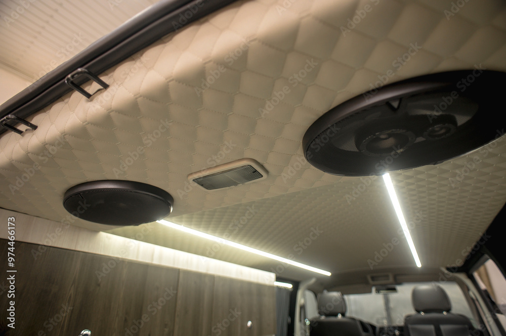 Comfortable interior of a passenger bus with soft seats. The design is made to order. Private covering of cars. Various elements of the bus interior. Comfortable interior of a passenger bus with soft seats. The design is made to order. Private covering of cars. Various elements of the bus interior.
