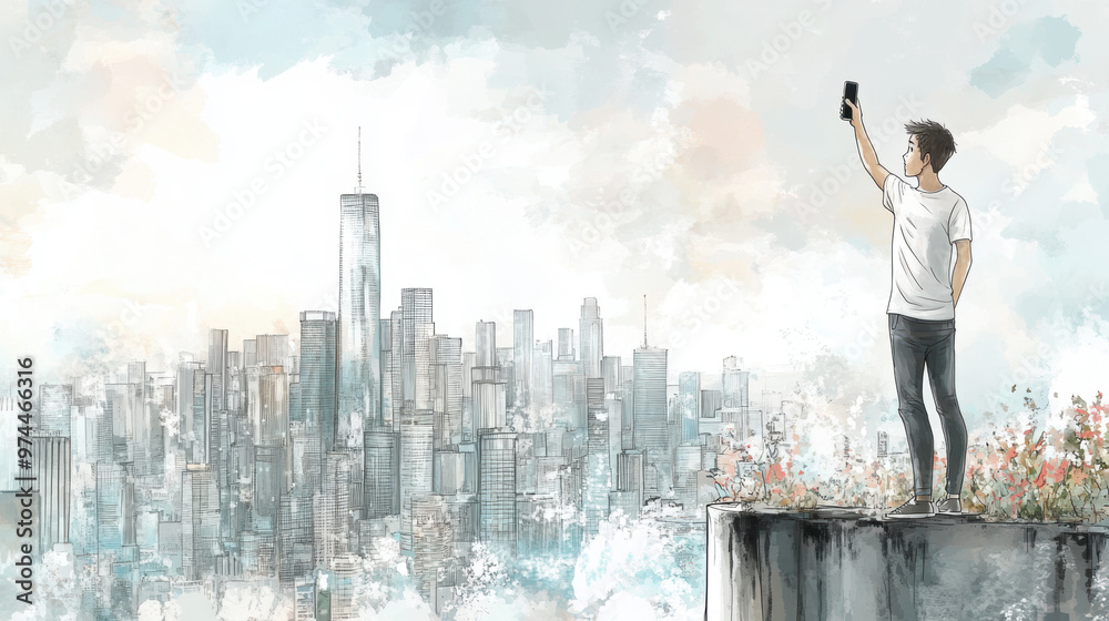 Anime Man Taking a Selfie with a Smartphone in Front of a City Skyline
Anime Man Taking a Selfie with a Smartphone in Front of a City Skyline