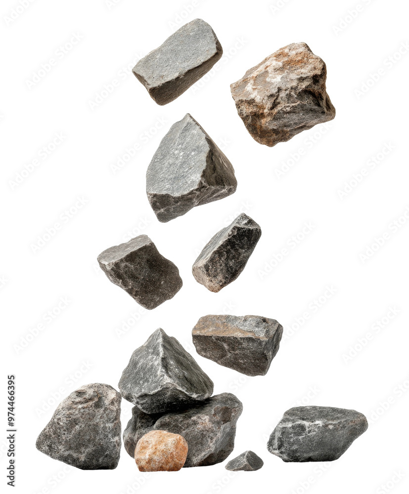 Falling stones captured in mid-air against a transparent background showcasing their natural textures and colors Falling stones captured in mid-air against a transparent background showcasing their natural textures and colors