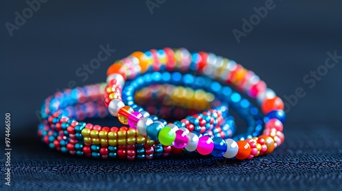 Set of three beaded children bracelets on a dark background closeup