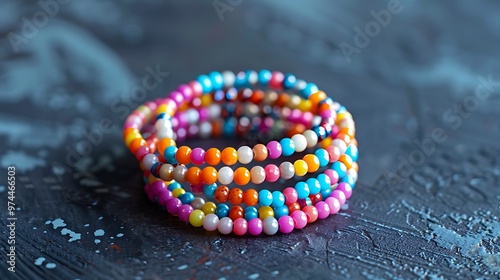 Set of three beaded children bracelets on a dark background closeup