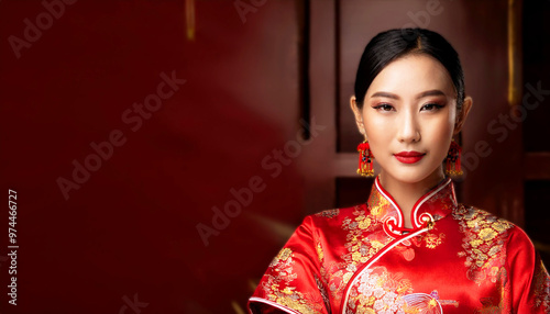 a woman dressed in a traditional red Chinese qipao a woman dressed in a traditional red Chinese qipao, rich red and gold tones that symbolize prosperity and good fortune in Chinese tradition, china