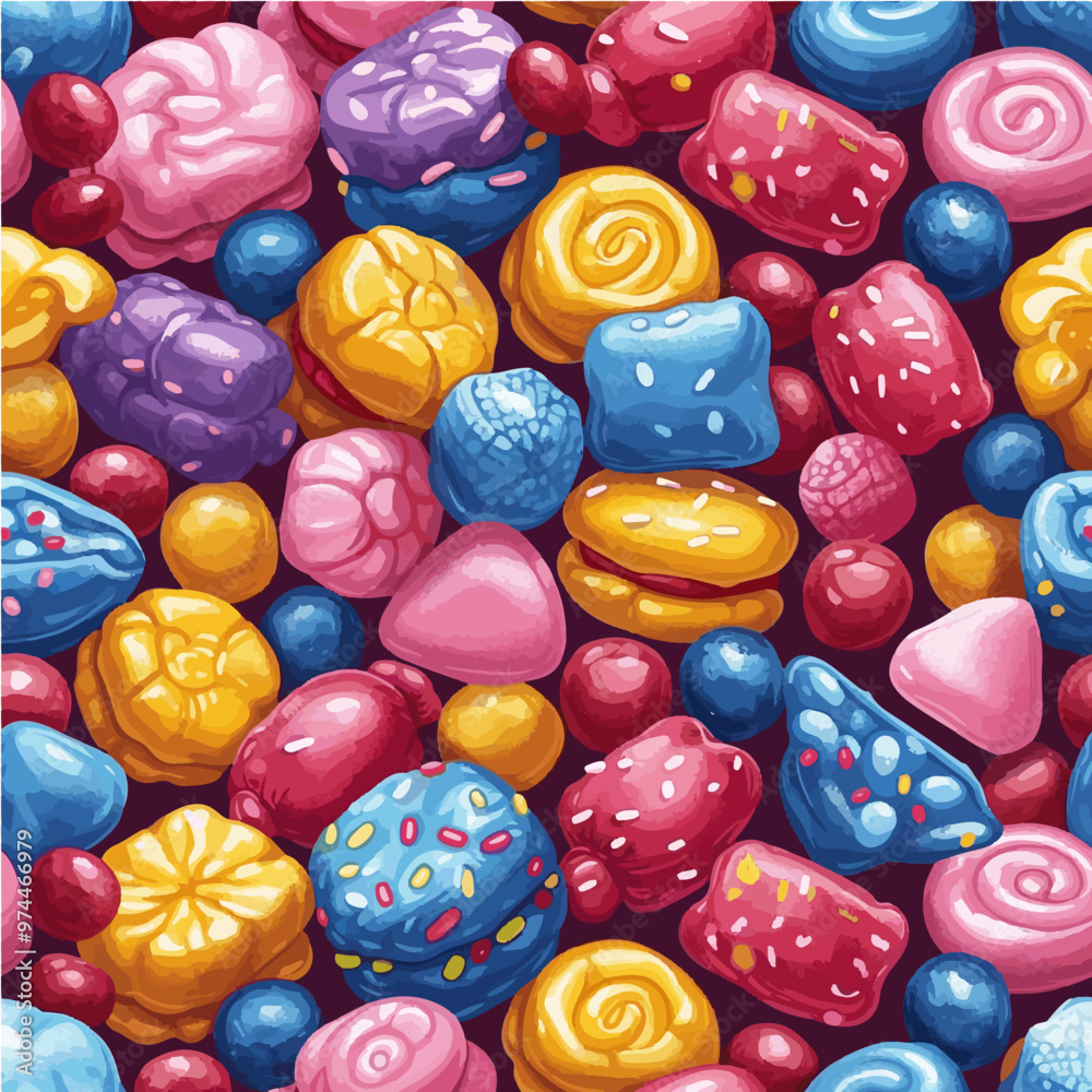 Seamless vector candy design featuring bright sweets. Perfect for kids' themes, product packaging, and festive designs. Seamless vector candy design featuring bright sweets. Perfect for kids' themes, product packaging, and festive designs.