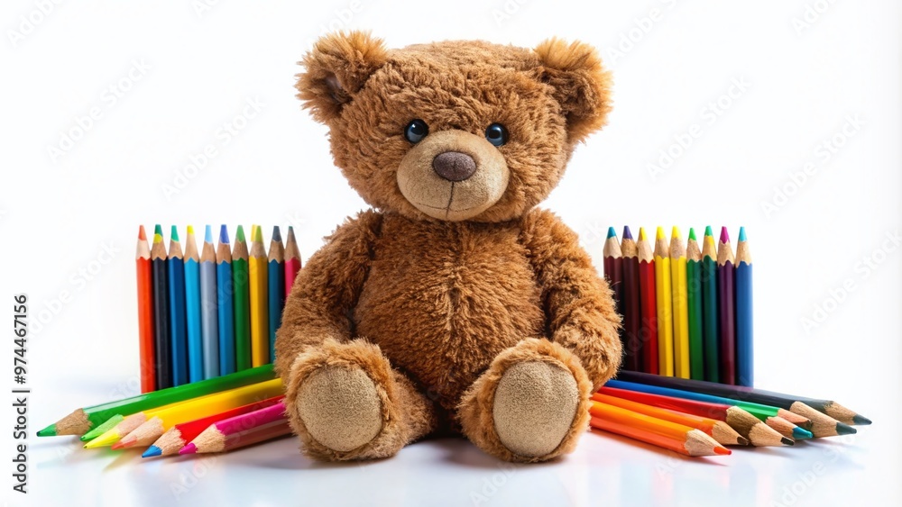 Adorable brown teddy bear sitting on a white background, surrounded by colorful crayons and pencils, waiting to be brought to life with vibrant hues. Adorable brown teddy bear sitting on a white background, surrounded by colorful crayons and pencils, waiting to be brought to life with vibrant hues.