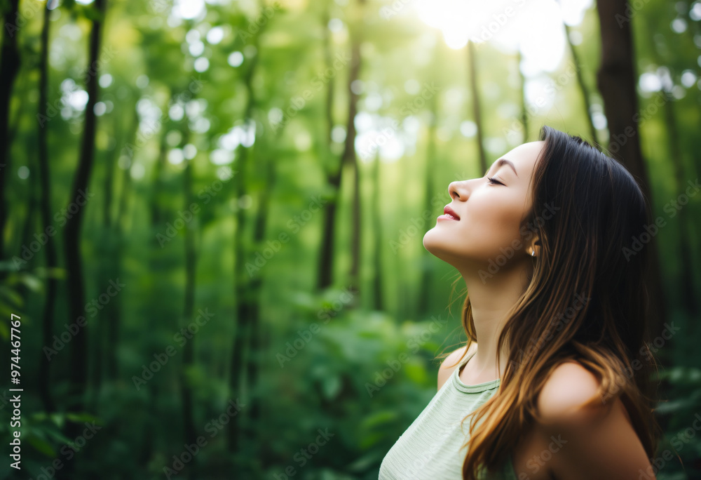 Mindful Woman Breathing Fresh Forest Air Nature Therapy Mindful Woman Breathing Fresh Forest Air Nature Therapy