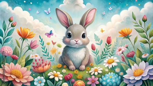 Adorable cartoon bunny rabbit sits among colorful flowers and leaves, surrounded by soft, whimsical clouds, creating a playful and charming wallpaper design for kids' rooms.