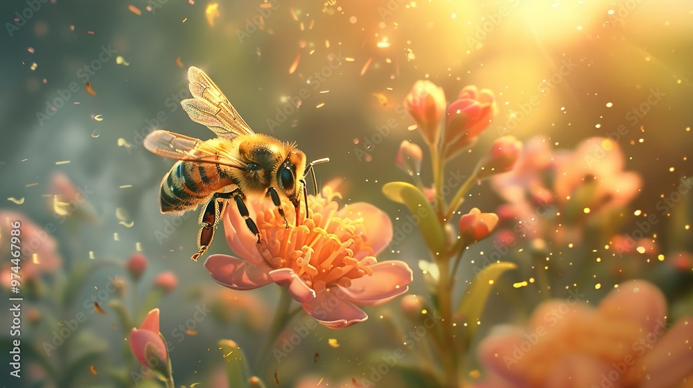 Naklejka premium Honeybee collecting nectar wallpaper
