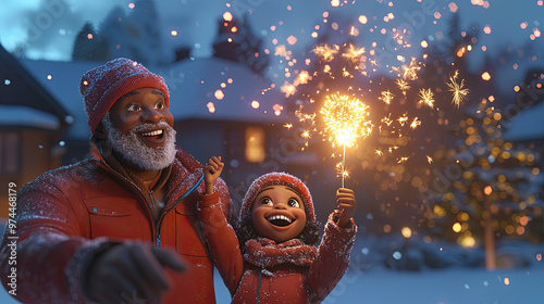 Granddaughter and grandfather with protected sparkler celebrate Christmas, 3d poster with wishes of Merry Christmas and Happy New Year