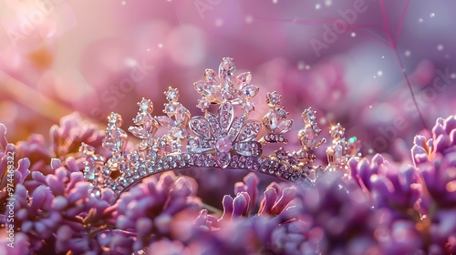 silver tiara in the form of flowers with diamonds on pink and purple background