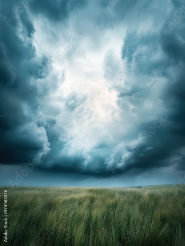 Dramatic landscape with stormy clouds over a grassy field, perfect for backgrounds, weather-related content, or nature-themed designs, photo