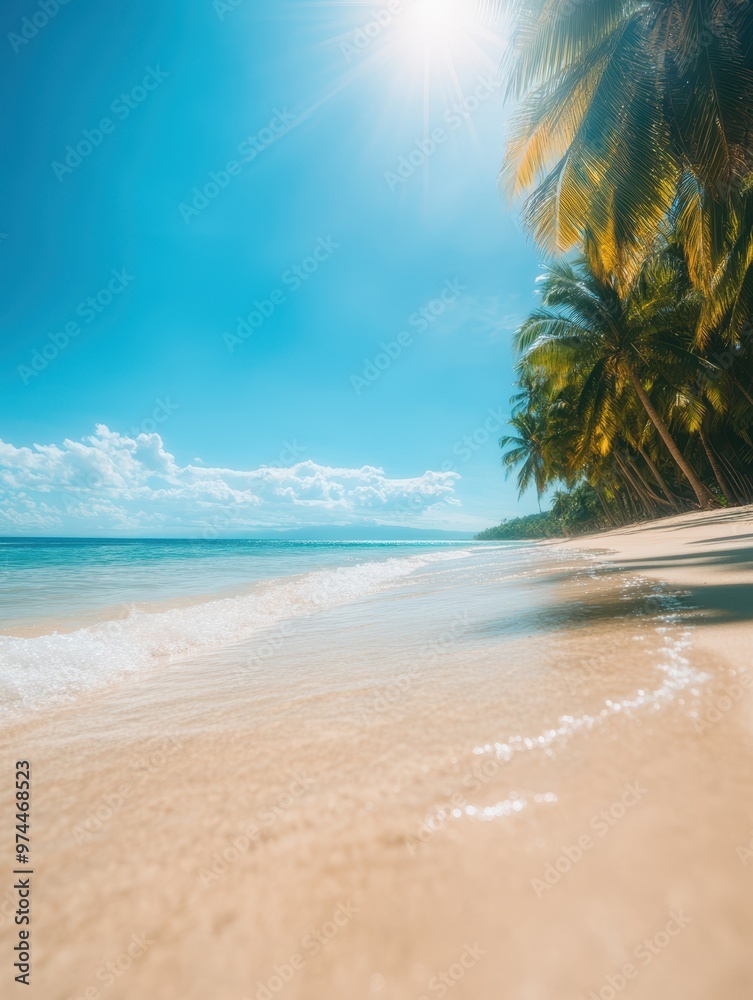 Fototapeta premium Idyllic beach scene with golden sand, clear turquoise water, and lush palm trees under a bright sun, ideal for destination marketing, travel blogs, or vacation promotions