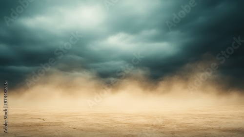 Dark storm clouds loom over a barren, cracked earth landscape with swirling dust, creating a dramatic and intense scene suitable for themes of weather, natural disasters, or climate change,