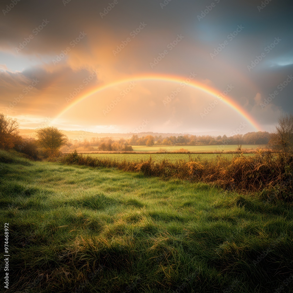 A serene countryside landscape featuring a vibrant rainbow arcing over a lush green field at sunrise or sunset perfect for themes of tranquility, hope, and nature appreciation,