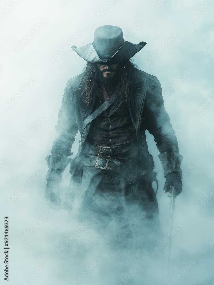 A mysterious figure in a wide-brimmed hat and dark, rugged attire emerges from dense fog, ideal for themes of adventure, mystery, or historical fiction, A mysterious figure in a wide-brimmed hat and dark, rugged attire emerges from dense fog, ideal for themes of adventure, mystery, or historical fiction,