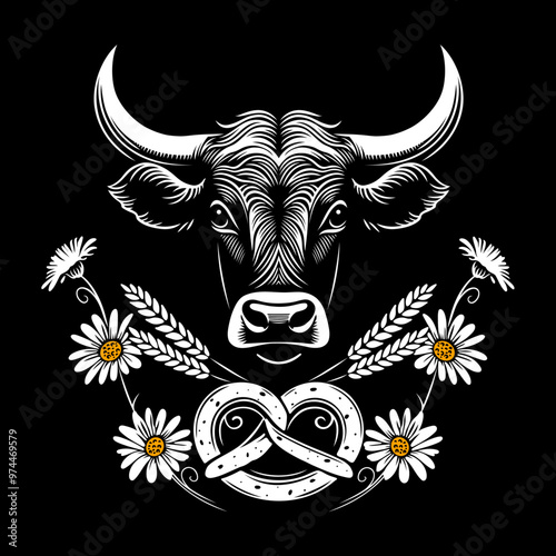 Oktoberfest Kuh mit Brezel, Margeriten und Weizenähren. 