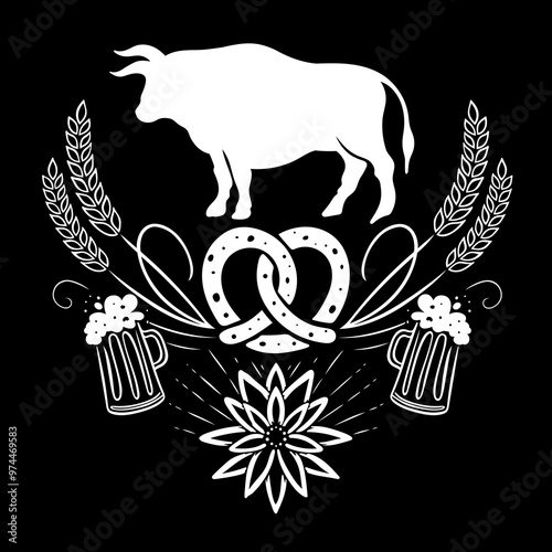 Oktoberfest Stier, Bulle, Ochse mit Brezel, Bier, Weizen und Edelweiß. Vektor Design für das Oktoberfest in München.